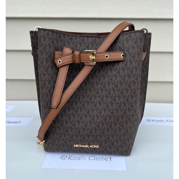 Michael Kors Bucket Bag Emilia Small Drawstring Crossbody MK Signature Brown - Picture 1 of 9